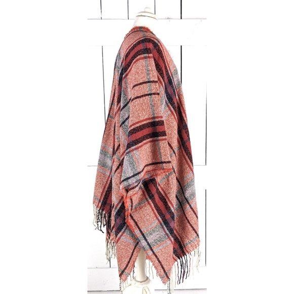 Red tartan plaid tassel fringe kimono cardigan cover up jacket one size - Picture 5 of 5